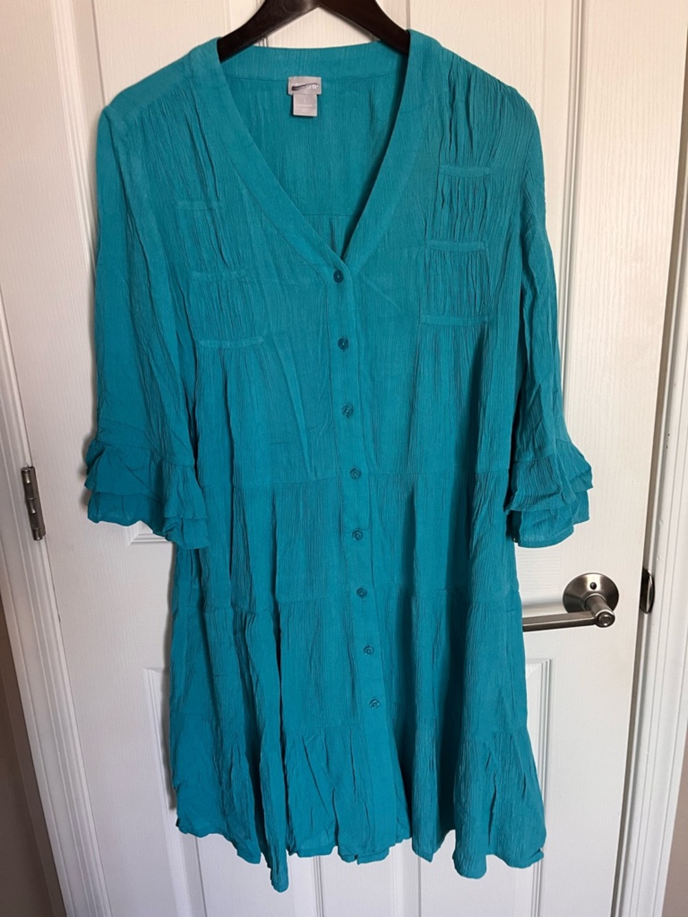 Chico's Teal Button Tiered V-Neck Cotton Spandex Dress Pockets NWOT Sz 1 Medium - Picture 2 of 9